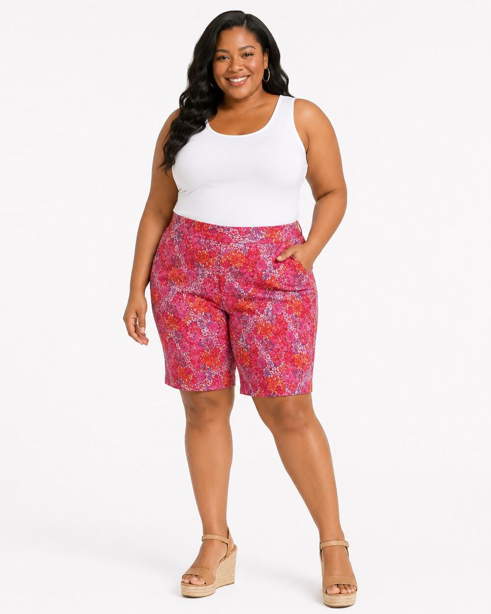 Isaac Mizrahi Live Printed Linen Bermuda Shorts Pink Floral Plus Size 18W